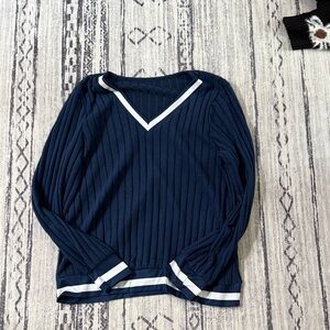SHEIN Navy V-Neck Ribbed Sweater with White Trim